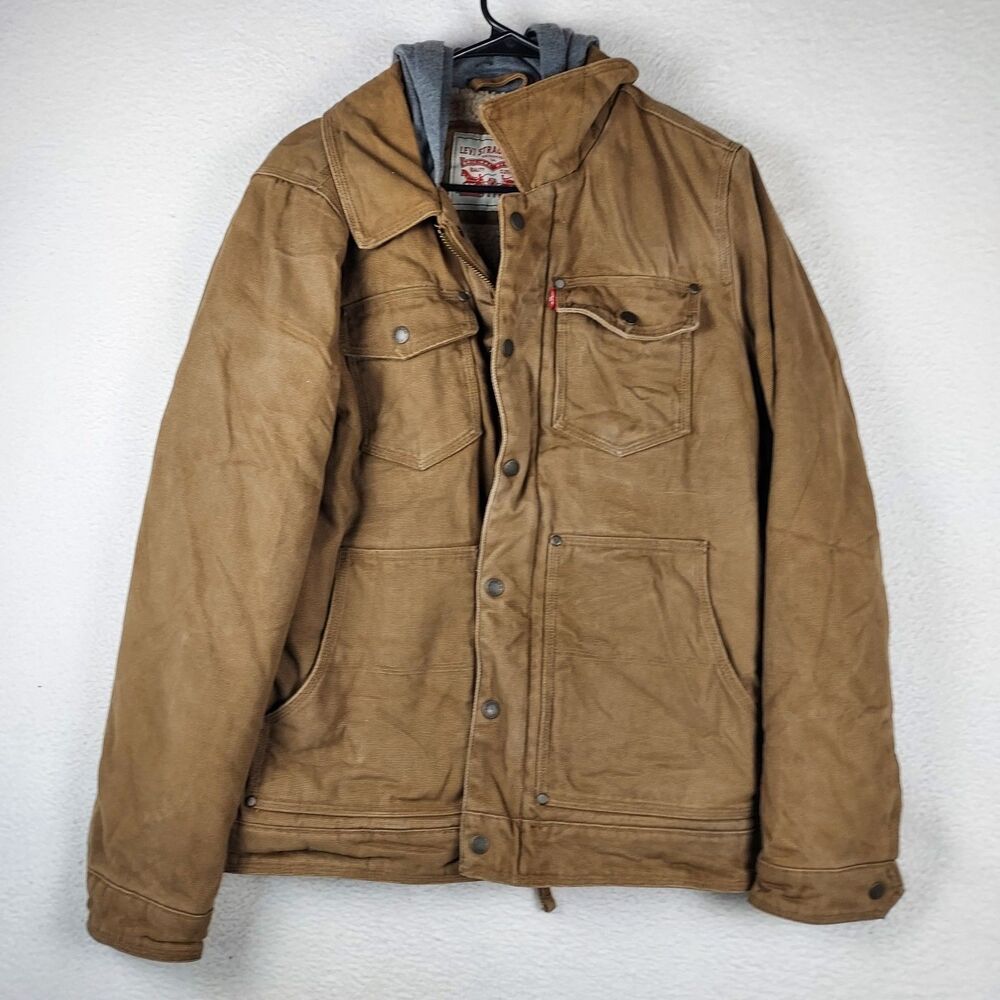 Levis Mens Small Sherpa Lined Hooded Trucker Jacket Brown Work Coat